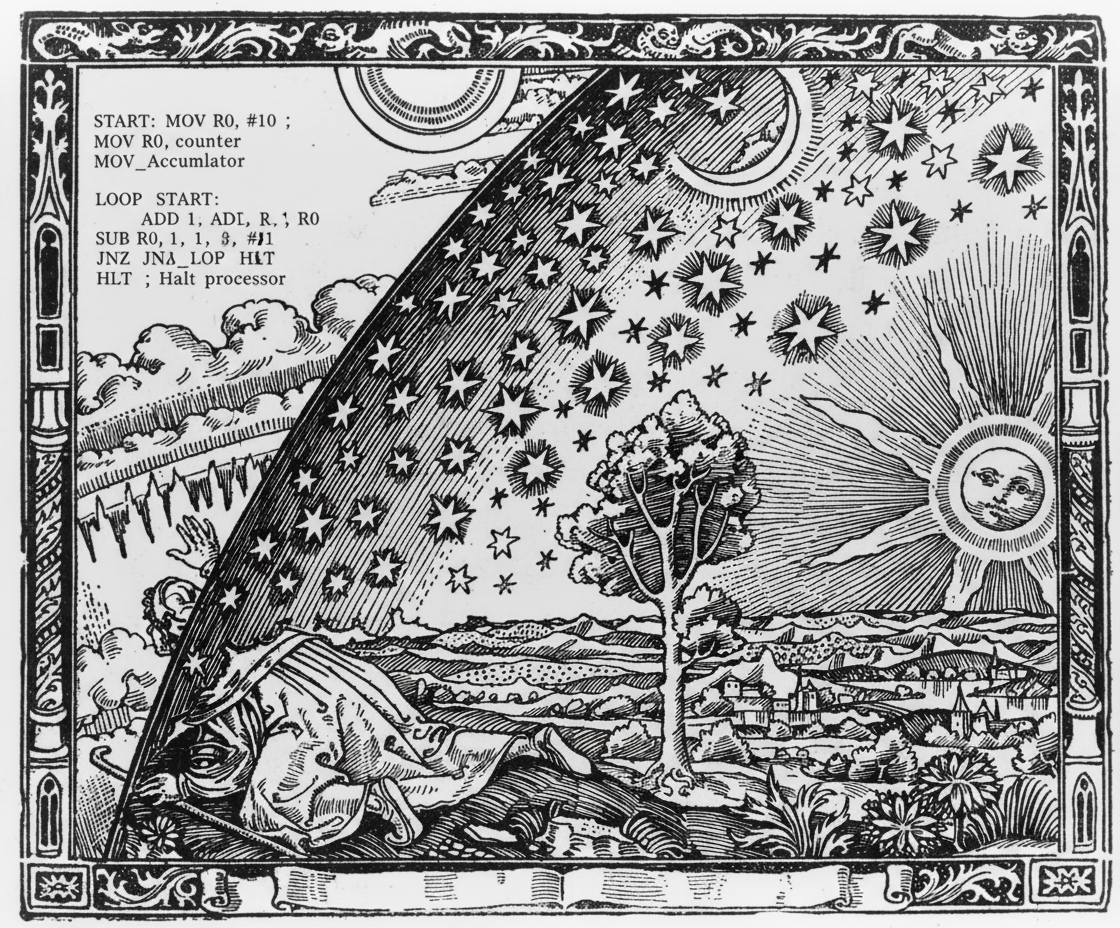 A variation of the classic flammarion engraving, showing someone peeking out beyond the sphere of the known universe to see a listing of assembly code behind it all.