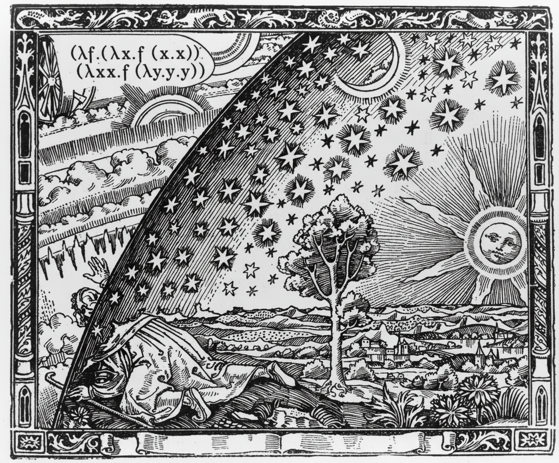 A variation of the classic flammarion engraving, showing someone peeking out beyond the sphere of the known universe to see a listing of lambda calculus behind it all.
